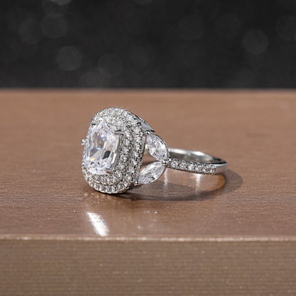 Sterling Silver White Cubic Zirconia Halo Engagement Ring - Picture 2 of 10